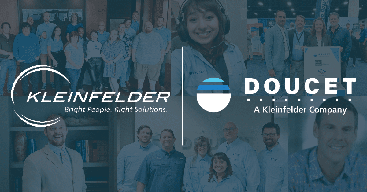 Doucet-Anniversary-Feature-Image-1200x628-1 Kleinfelder and Doucet company logos on blue photo collage of employee images